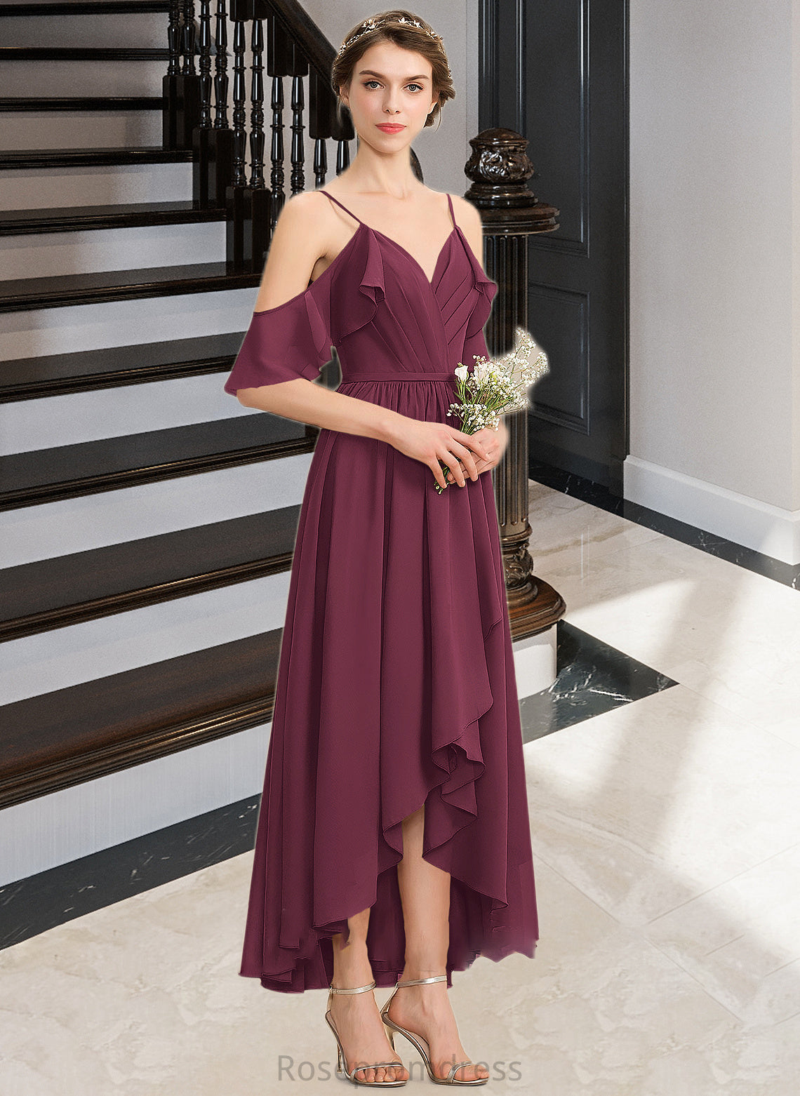 Katie A-Line V-neck Asymmetrical Chiffon Bridesmaid Dress With Cascading Ruffles SRSP0013280