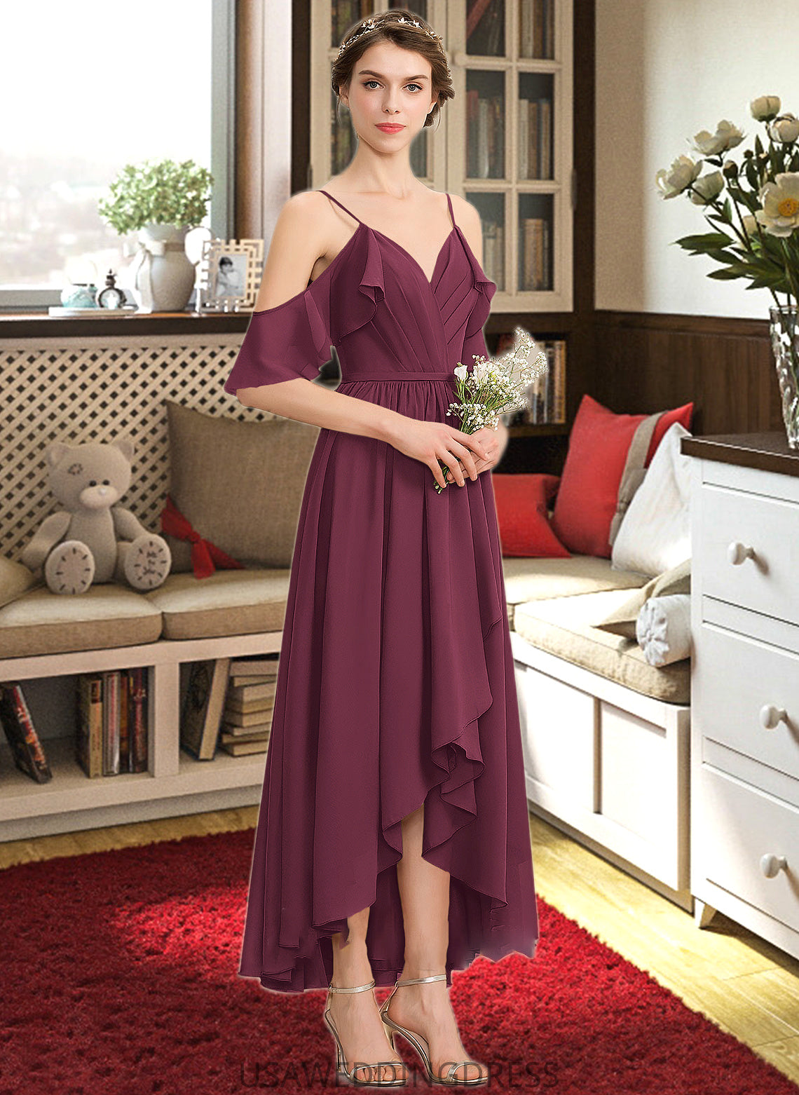 Miracle A-Line V-neck Asymmetrical Chiffon Bridesmaid Dress With Cascading Ruffles DSP0013280