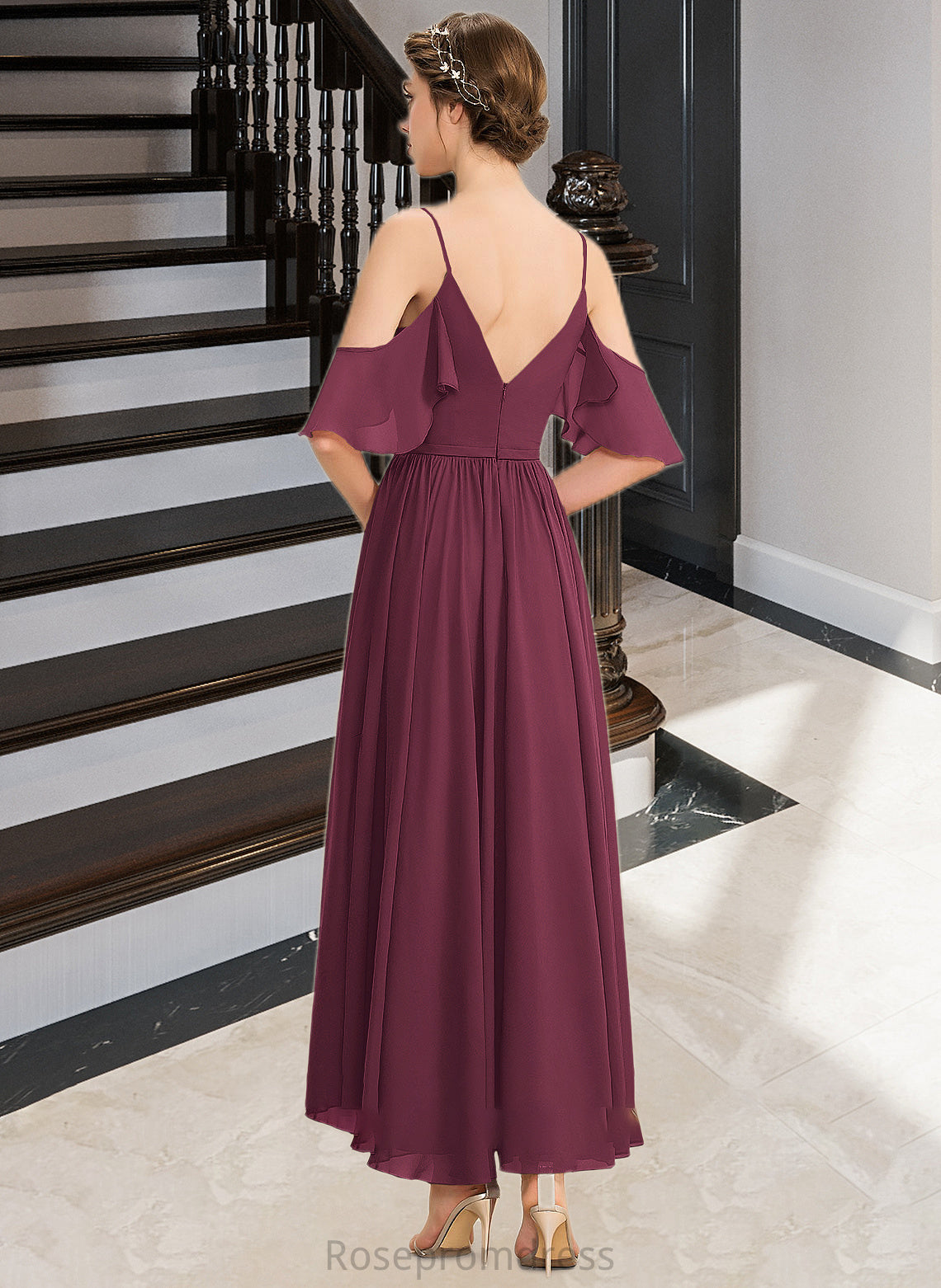 Katie A-Line V-neck Asymmetrical Chiffon Bridesmaid Dress With Cascading Ruffles SRSP0013280