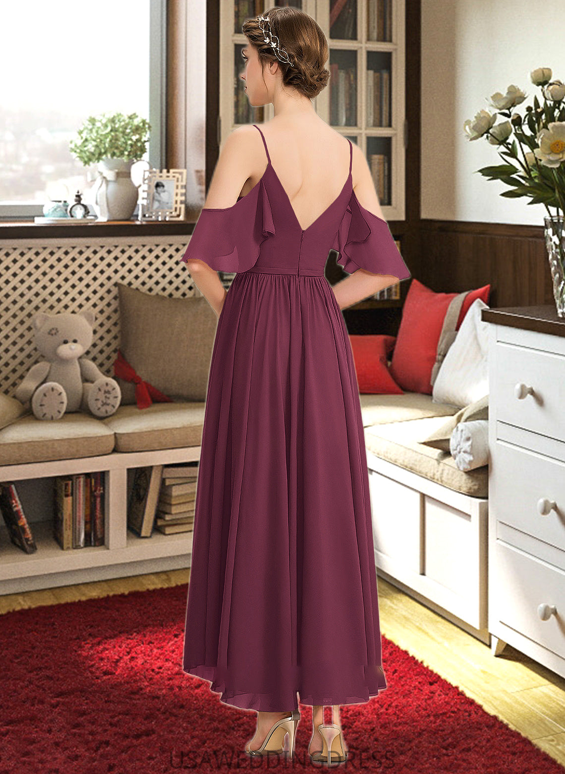Miracle A-Line V-neck Asymmetrical Chiffon Bridesmaid Dress With Cascading Ruffles DSP0013280