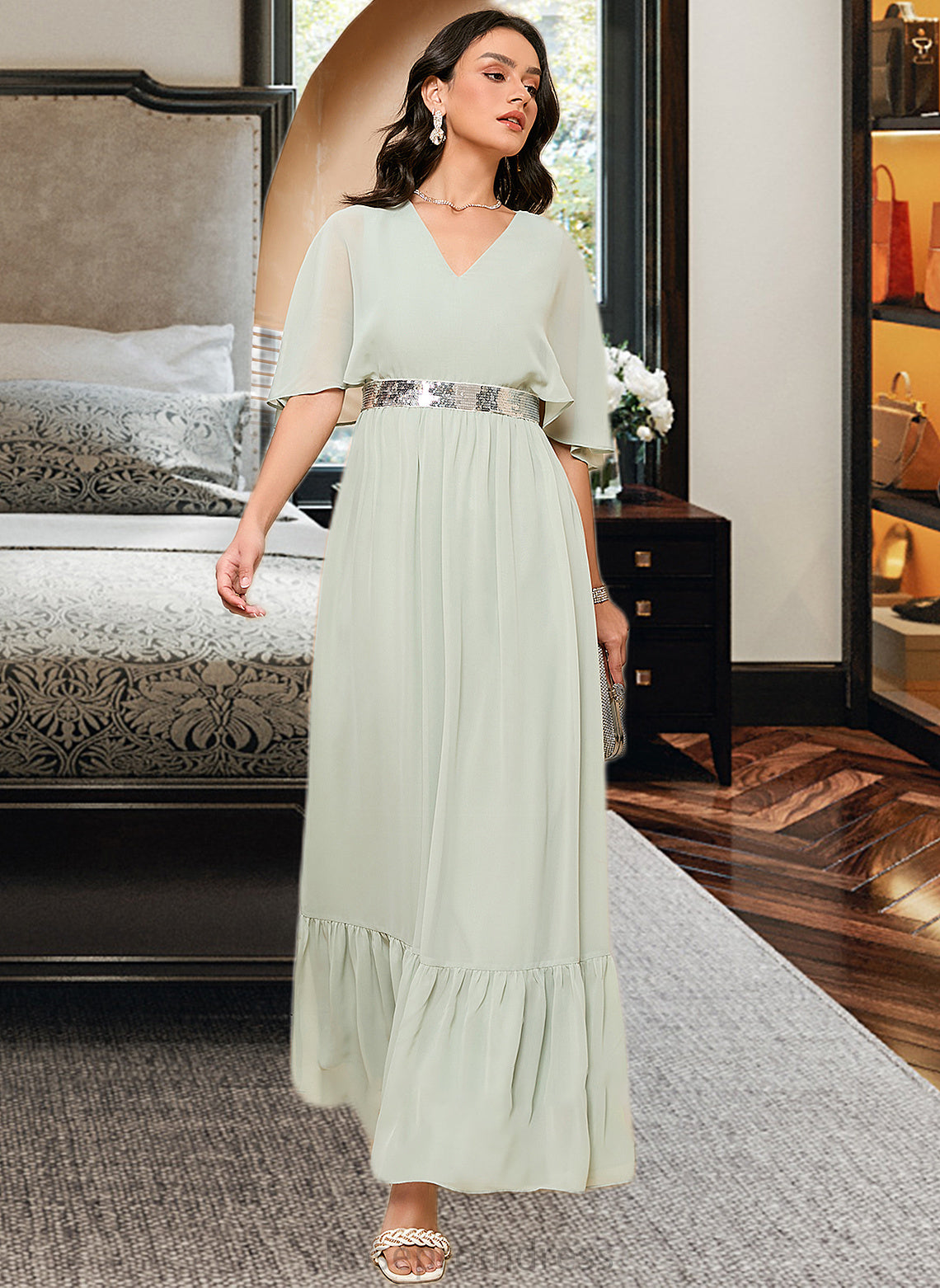 Winifred A-LineV-neckAnkle-LengthBridesmaidDressWithSequins#273659 SRSP0013282