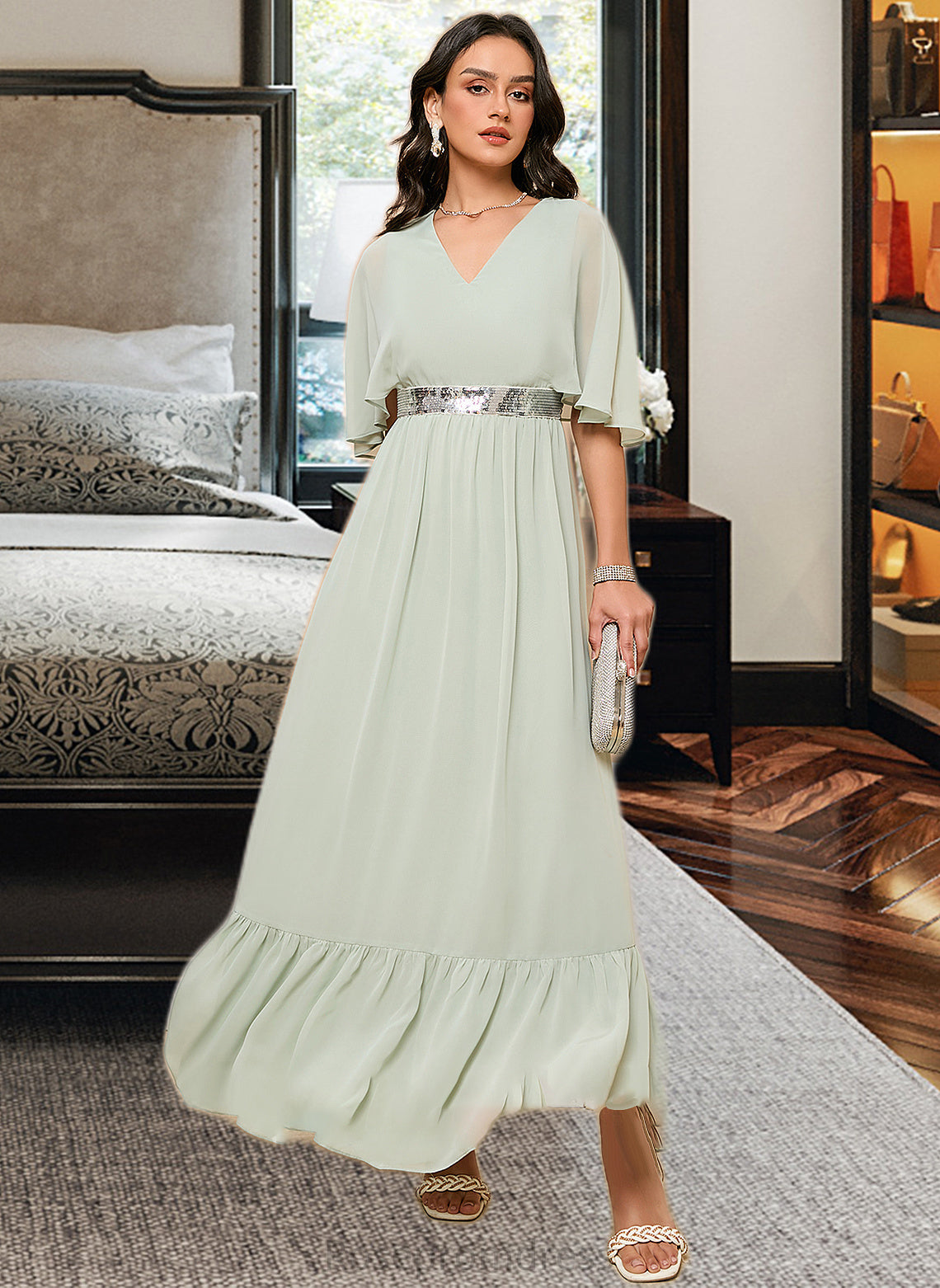 Winifred A-LineV-neckAnkle-LengthBridesmaidDressWithSequins#273659 SRSP0013282