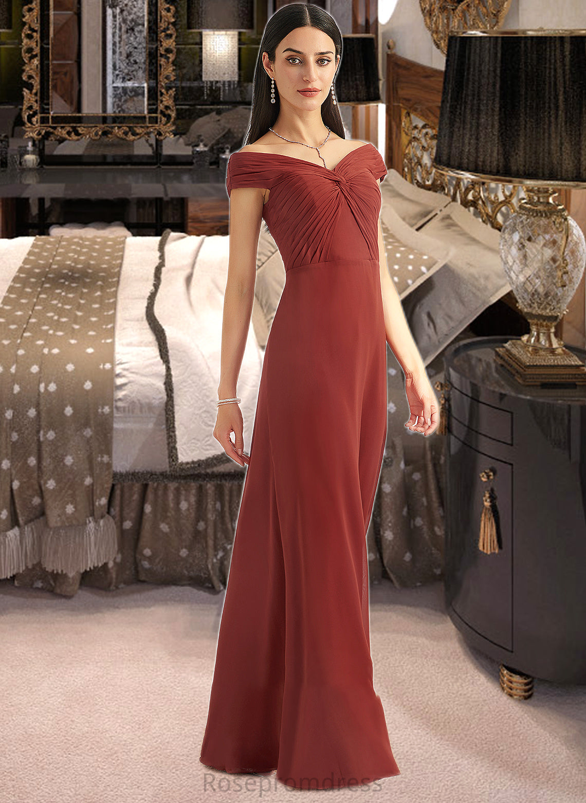 Karina Sheath/Column Off-the-Shoulder Floor-Length Bridesmaid Dress With Ruffle SRSP0013284