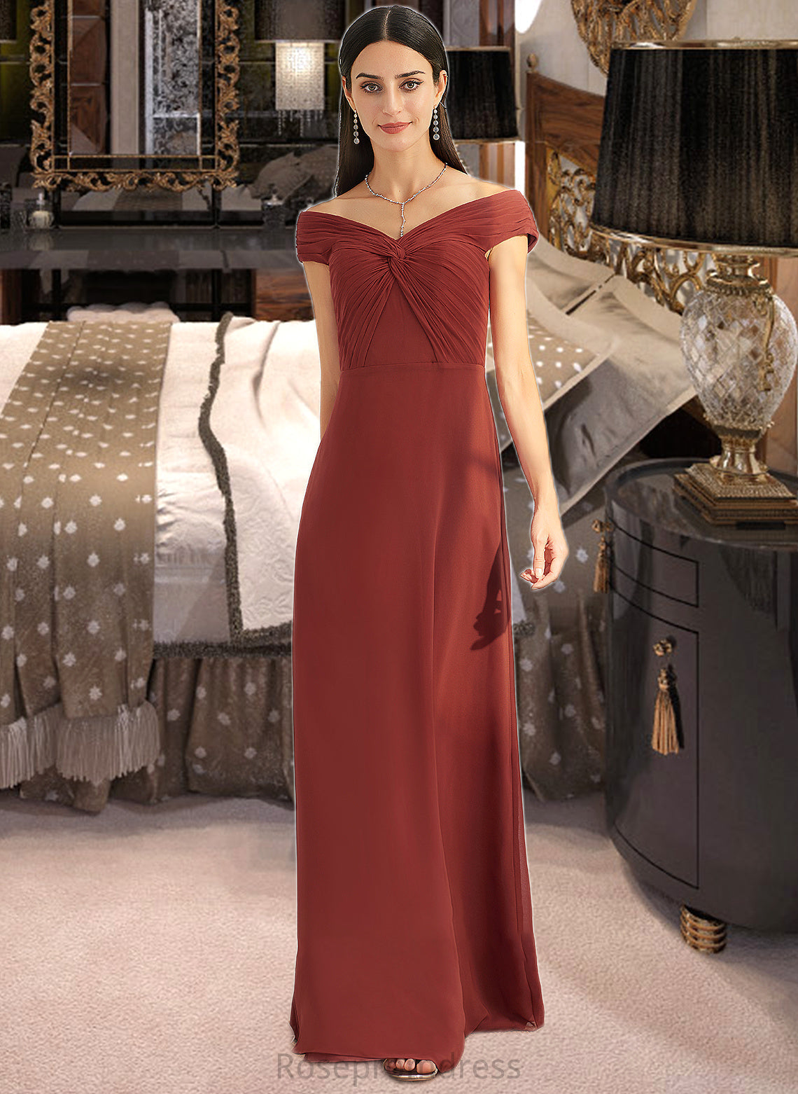 Karina Sheath/Column Off-the-Shoulder Floor-Length Bridesmaid Dress With Ruffle SRSP0013284