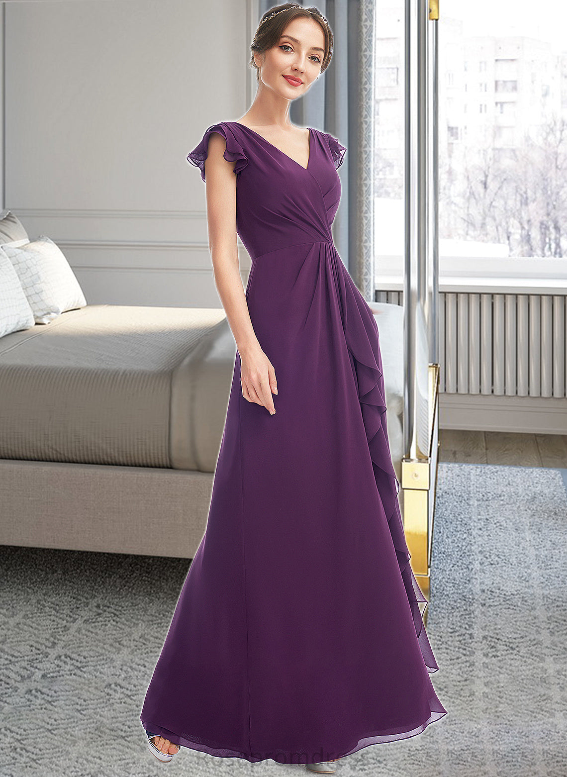Amiah A-Line V-neck Floor-Length Bridesmaid Dress With Ruffle Pockets SRSP0013285
