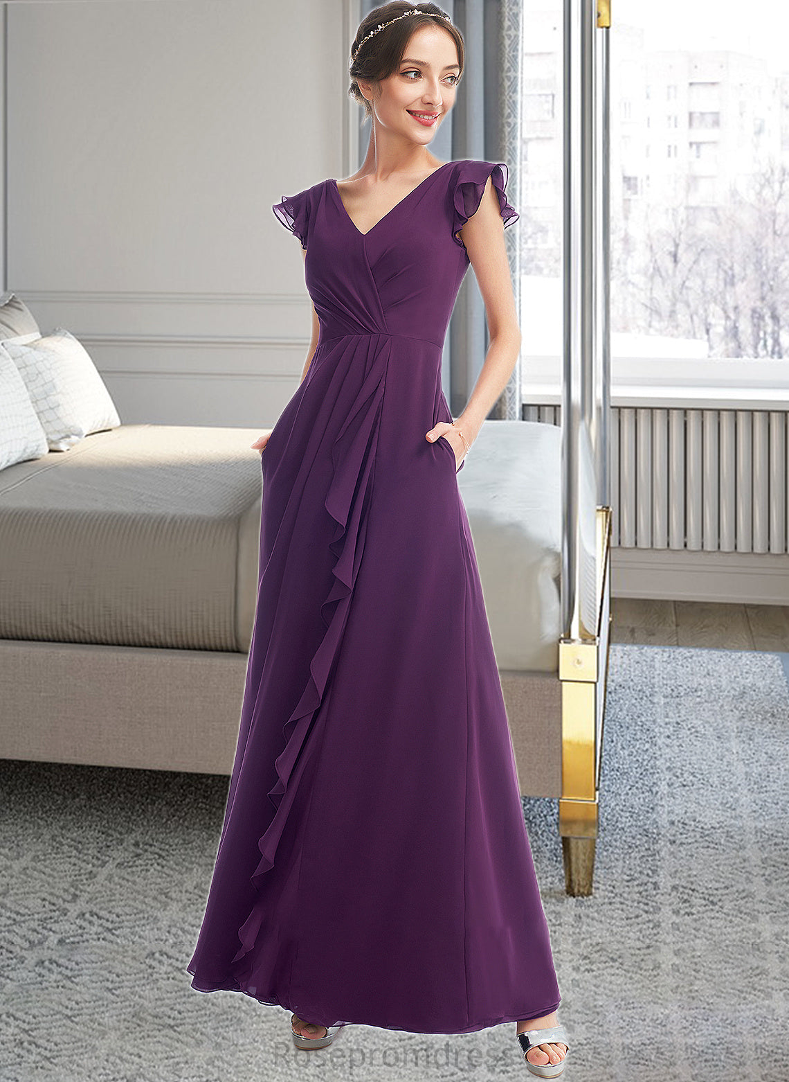 Amiah A-Line V-neck Floor-Length Bridesmaid Dress With Ruffle Pockets SRSP0013285