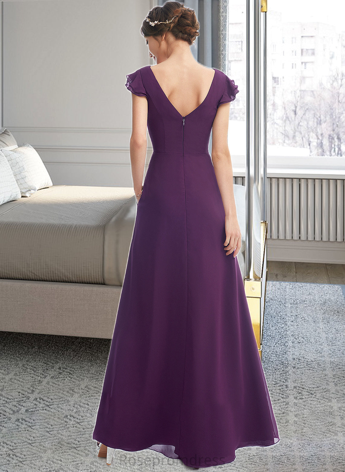 Amiah A-Line V-neck Floor-Length Bridesmaid Dress With Ruffle Pockets SRSP0013285