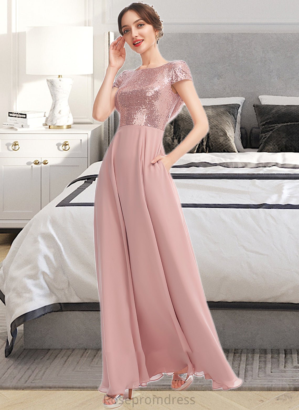 America A-Line Scoop Neck Floor-Length Bridesmaid Dress With Sequins Split Front SRSP0013286