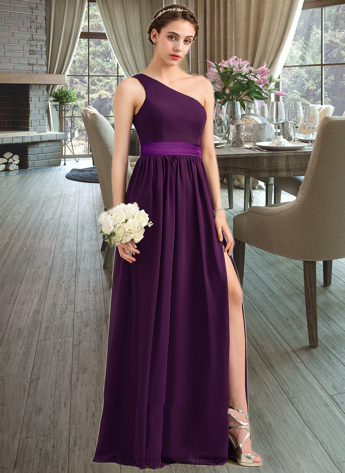 Aria A-Line/Princess One-Shoulder Floor-Length Chiffon Charmeuse Bridesmaid Dress With Ruffle Split Front SRSP0013288