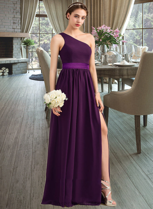 Aria A-Line/Princess One-Shoulder Floor-Length Chiffon Charmeuse Bridesmaid Dress With Ruffle Split Front SRSP0013288
