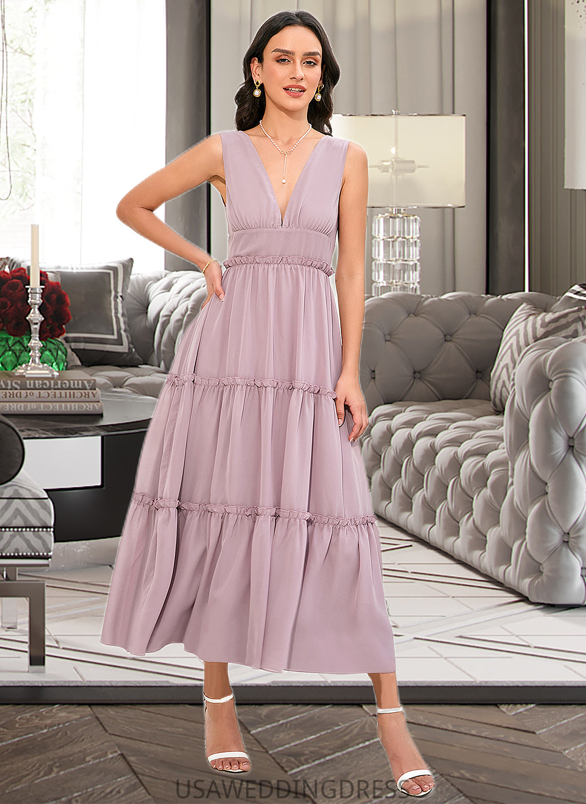 Margery A-LineV-neckTea-LengthBridesmaidDress#273655 DSP0013290