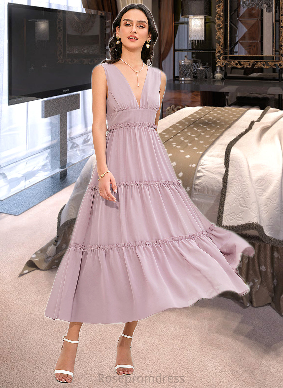 Eva A-LineV-neckTea-LengthBridesmaidDress#273655 SRSP0013290