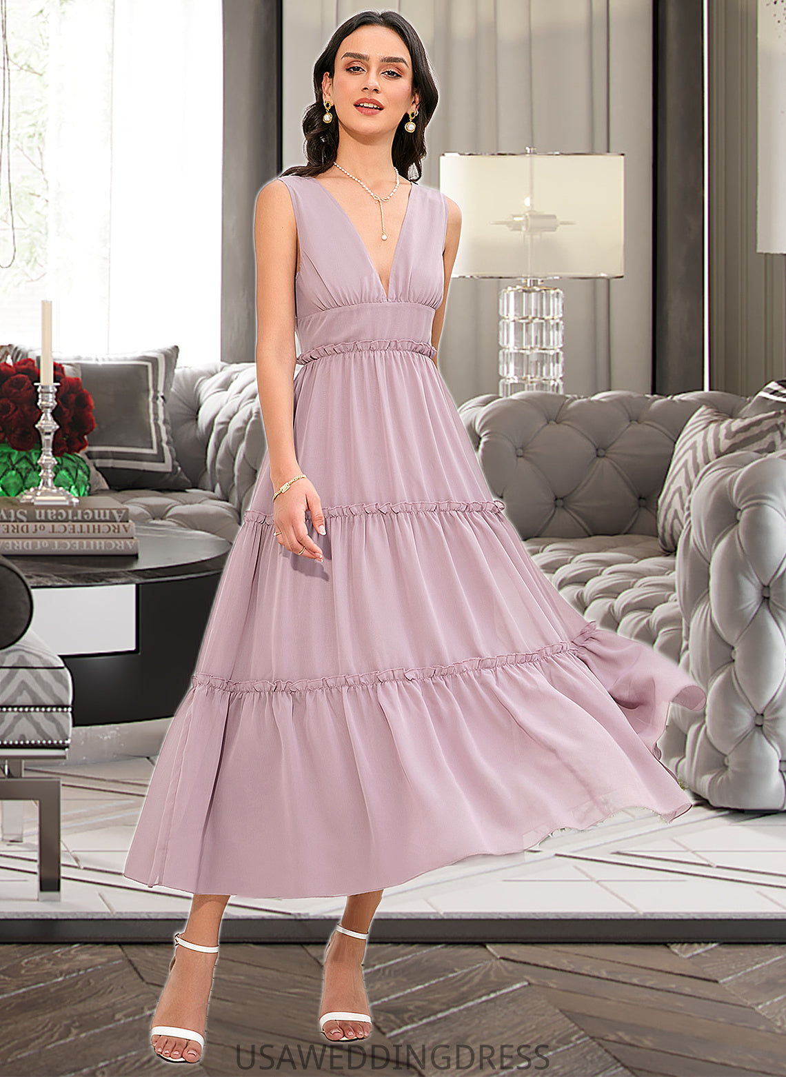 Margery A-LineV-neckTea-LengthBridesmaidDress#273655 DSP0013290