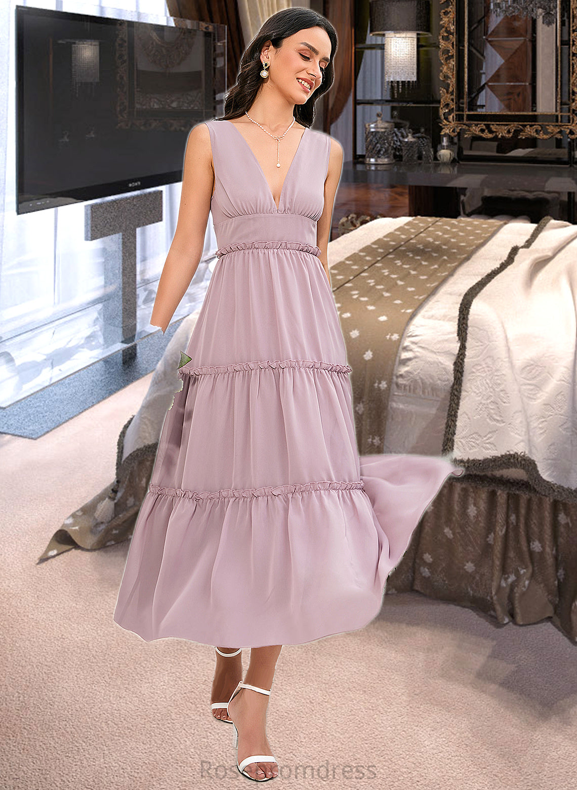 Eva A-LineV-neckTea-LengthBridesmaidDress#273655 SRSP0013290