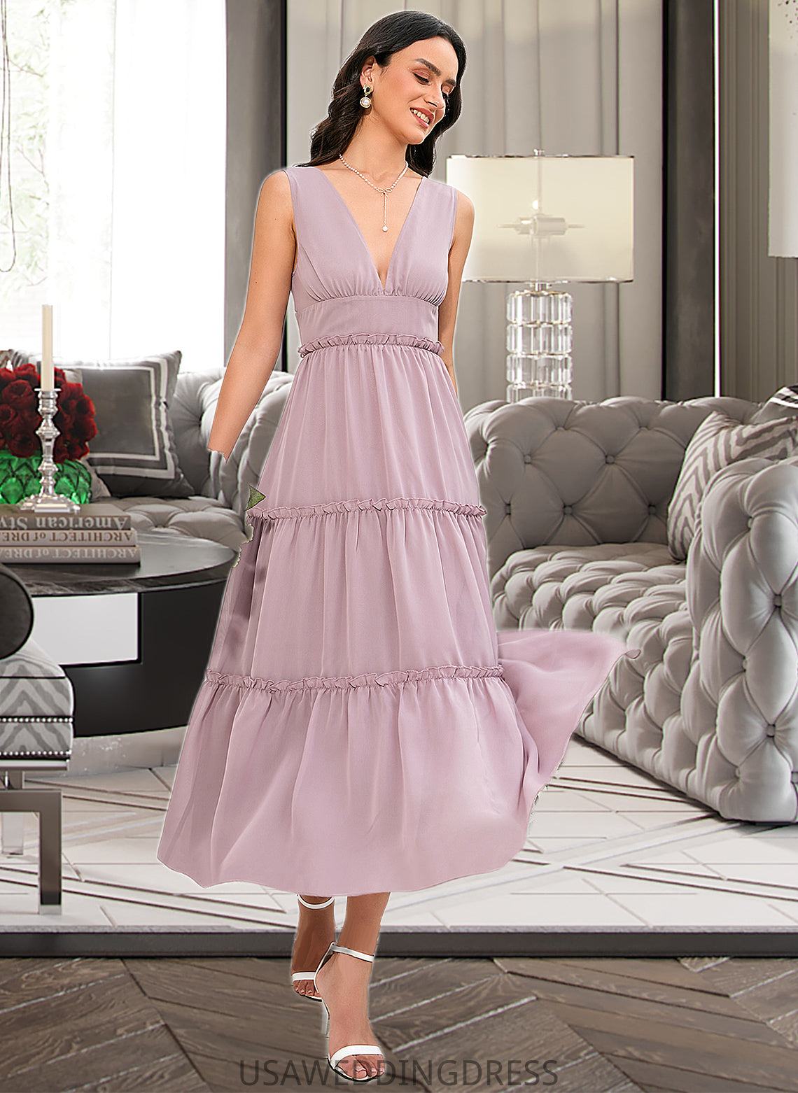 Margery A-LineV-neckTea-LengthBridesmaidDress#273655 DSP0013290