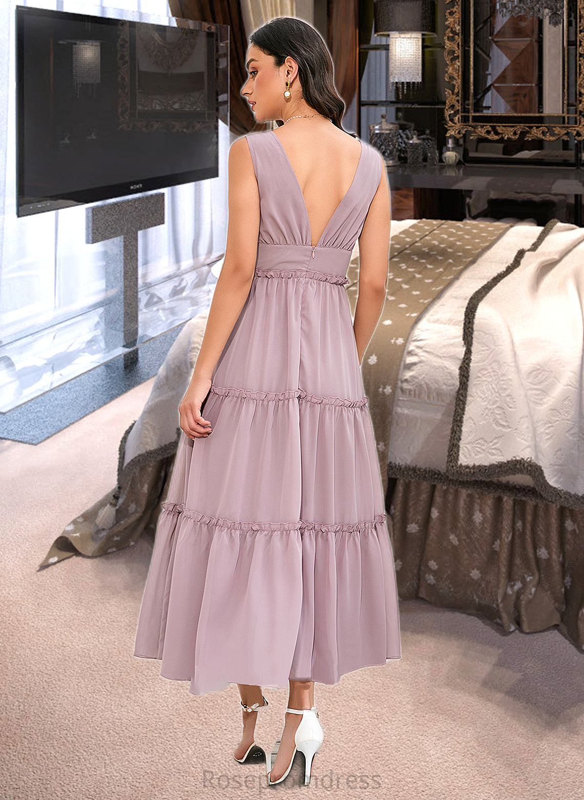 Eva A-LineV-neckTea-LengthBridesmaidDress#273655 SRSP0013290