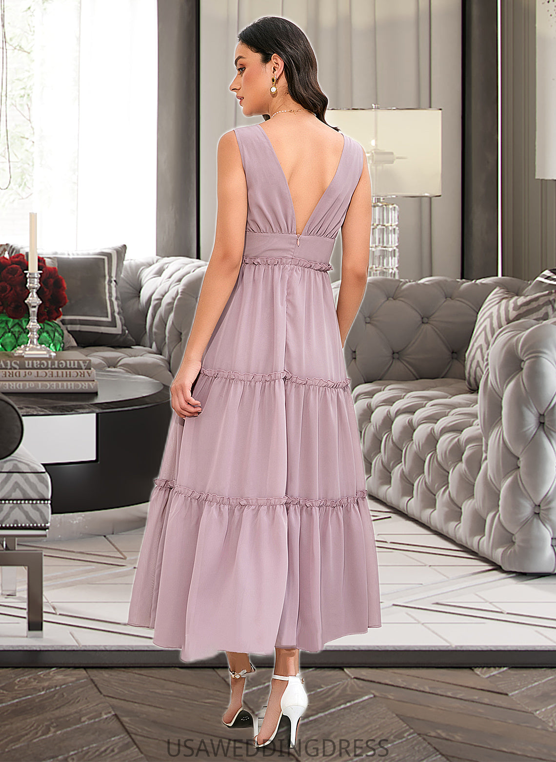 Margery A-LineV-neckTea-LengthBridesmaidDress#273655 DSP0013290