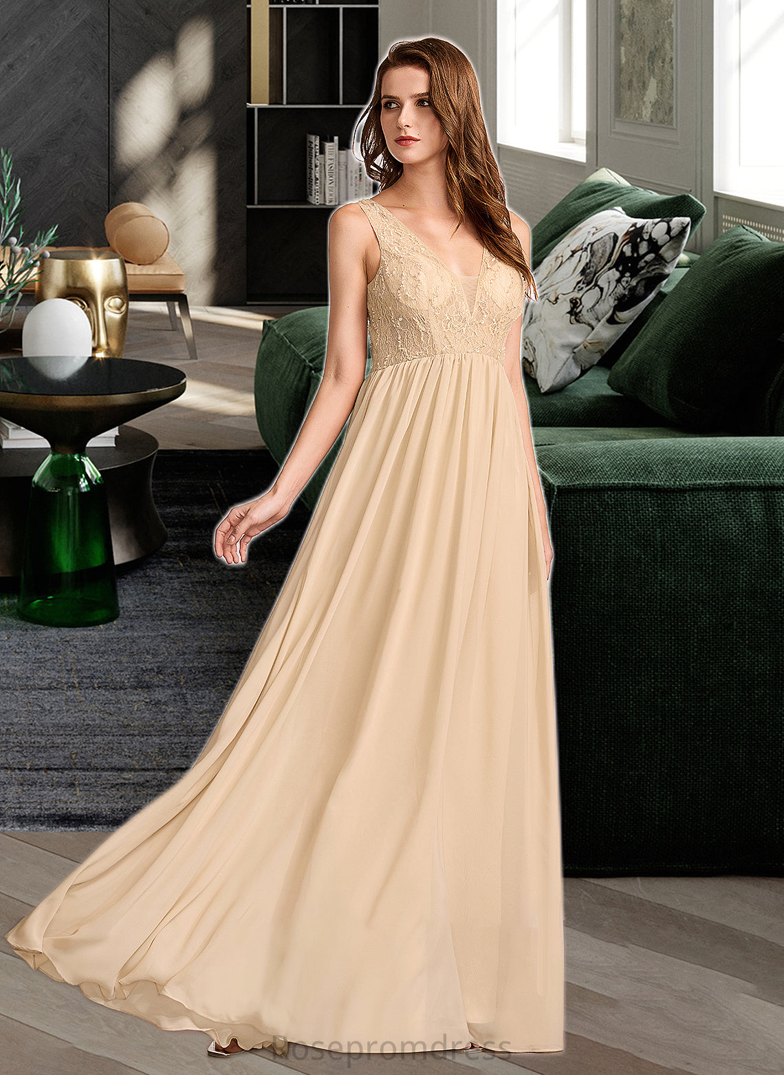 Jacey A-Line V-neck Floor-Length Bridesmaid Dress With Sequins SRSP0013291