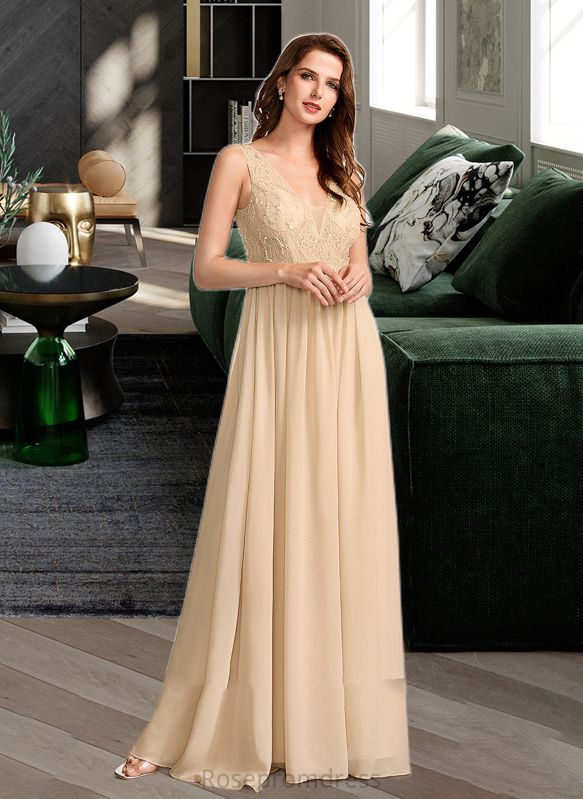 Jacey A-Line V-neck Floor-Length Bridesmaid Dress With Sequins SRSP0013291