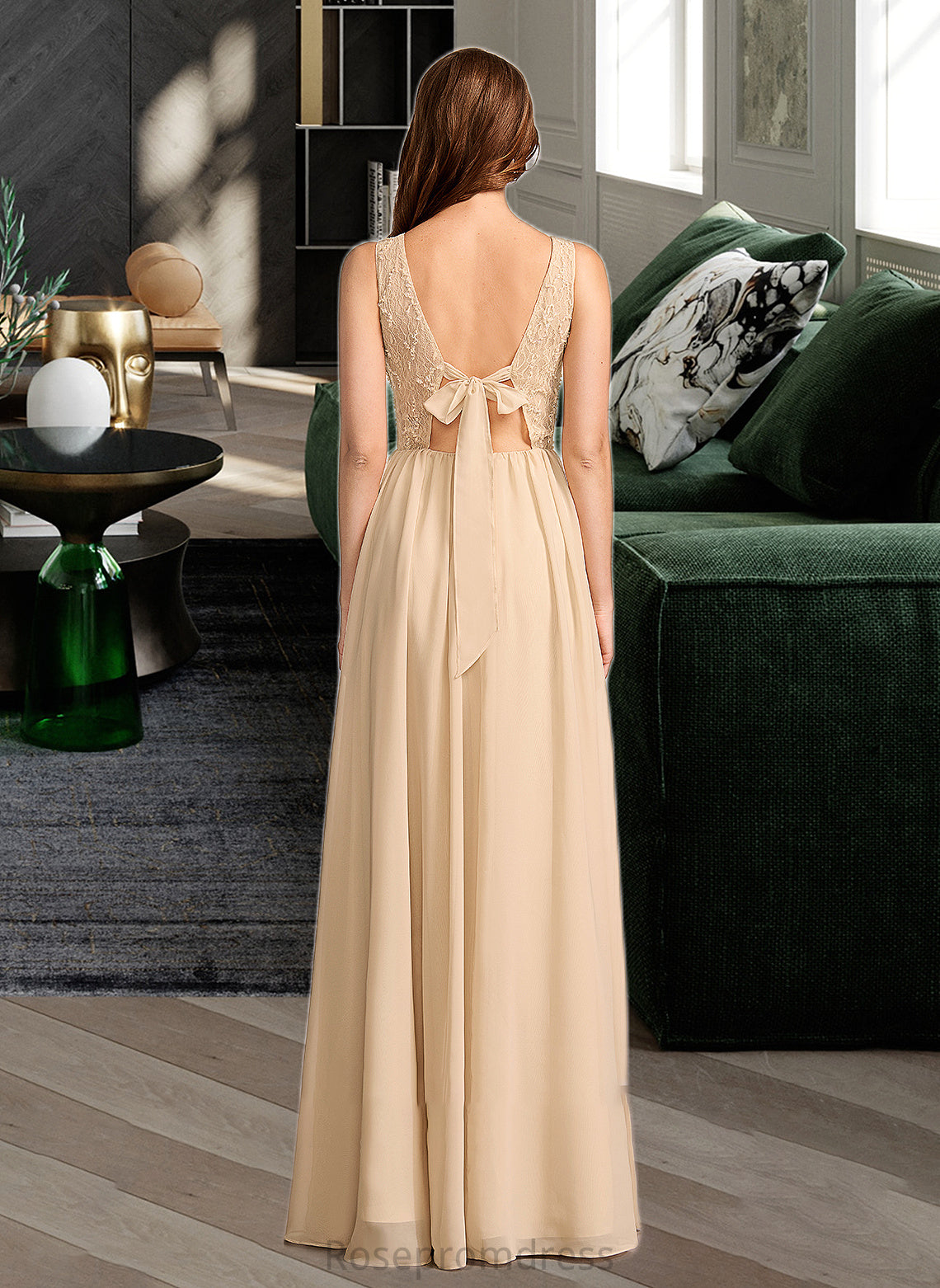 Jacey A-Line V-neck Floor-Length Bridesmaid Dress With Sequins SRSP0013291