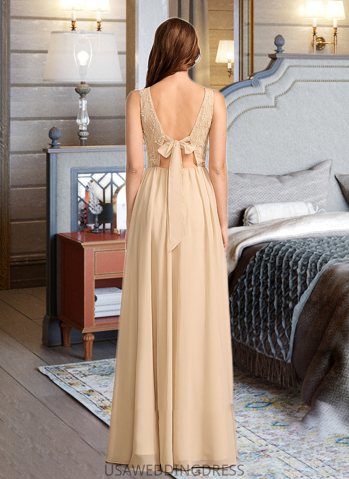Camille A-Line V-neck Floor-Length Bridesmaid Dress With Sequins DSP0013291