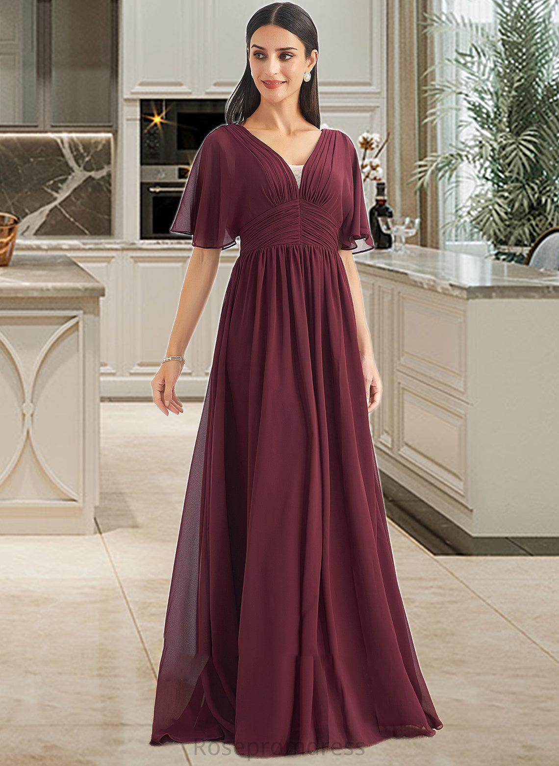 Mareli A-Line V-neck Floor-Length Bridesmaid Dress With Ruffle SRSP0013292