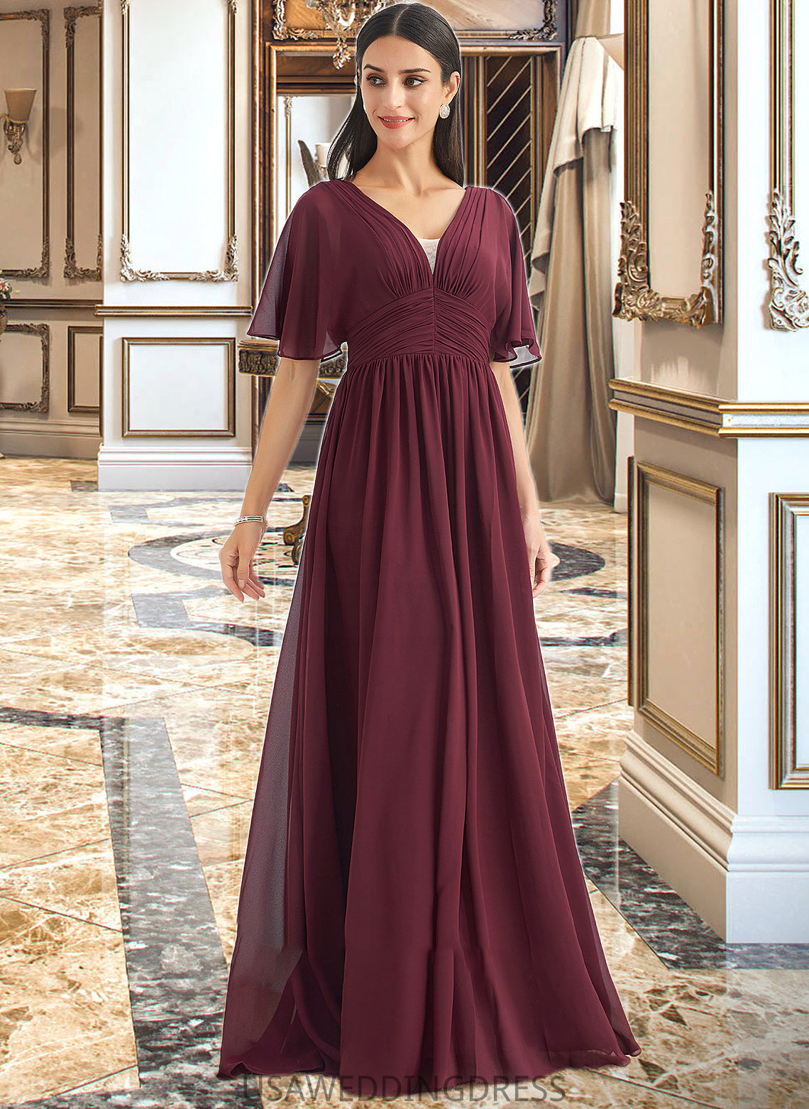 Whitney A-Line V-neck Floor-Length Bridesmaid Dress With Ruffle DSP0013292