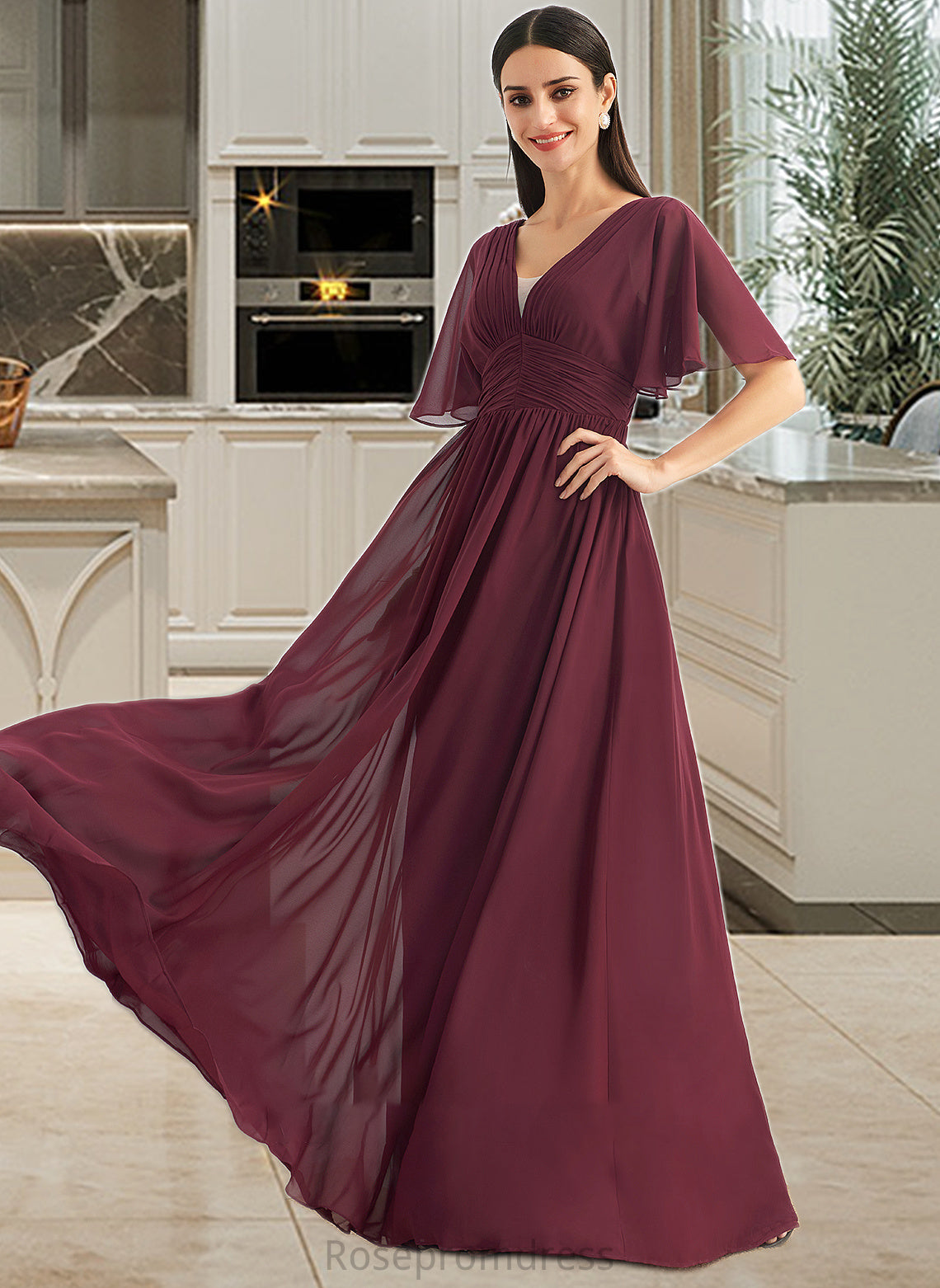 Mareli A-Line V-neck Floor-Length Bridesmaid Dress With Ruffle SRSP0013292