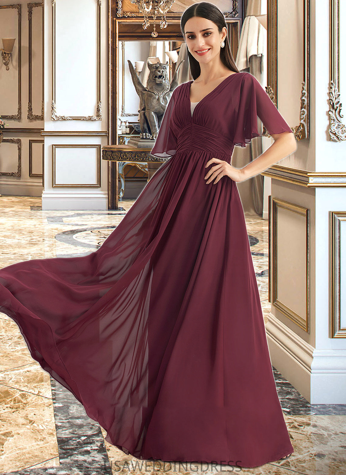 Whitney A-Line V-neck Floor-Length Bridesmaid Dress With Ruffle DSP0013292