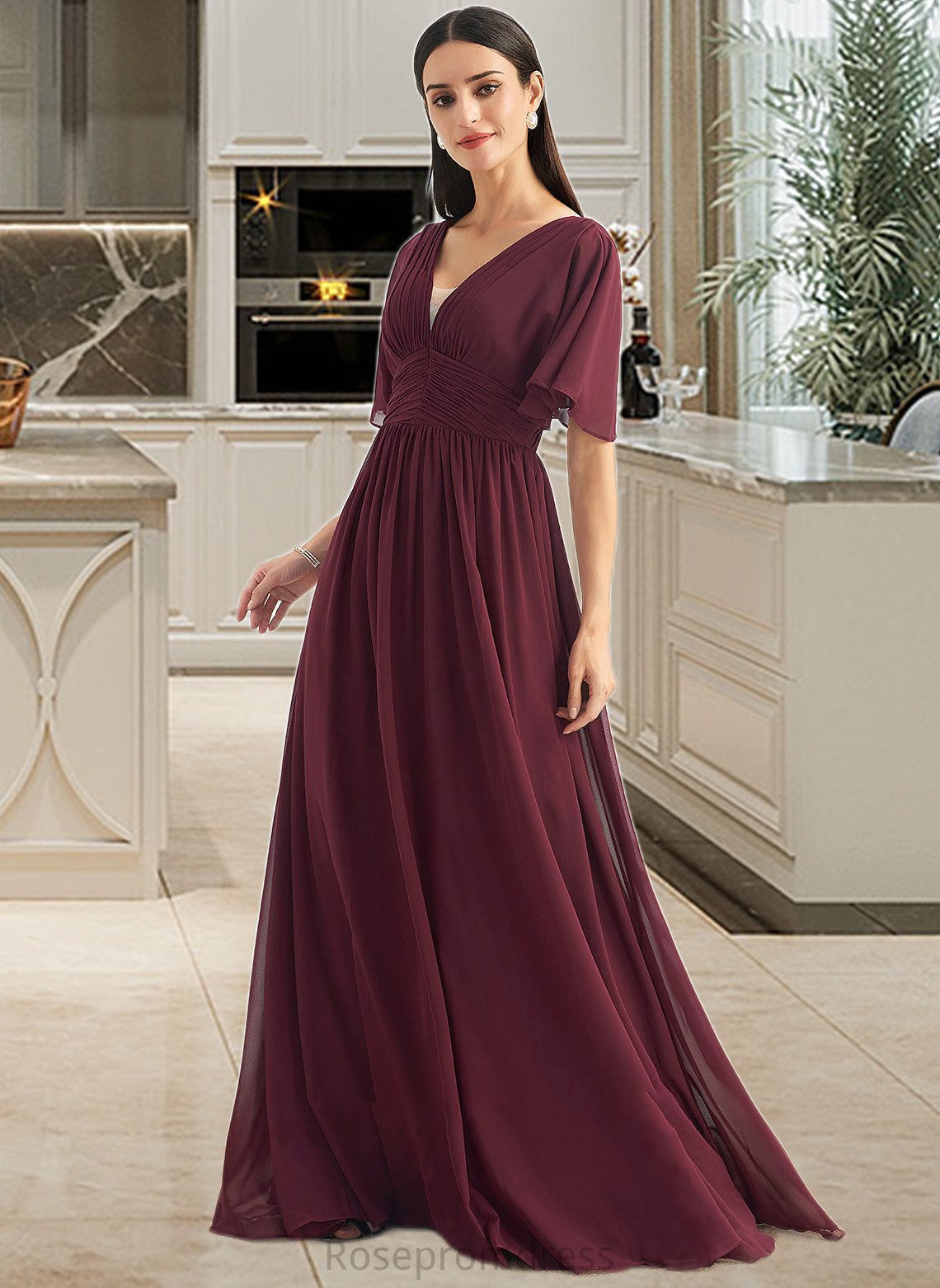 Mareli A-Line V-neck Floor-Length Bridesmaid Dress With Ruffle SRSP0013292