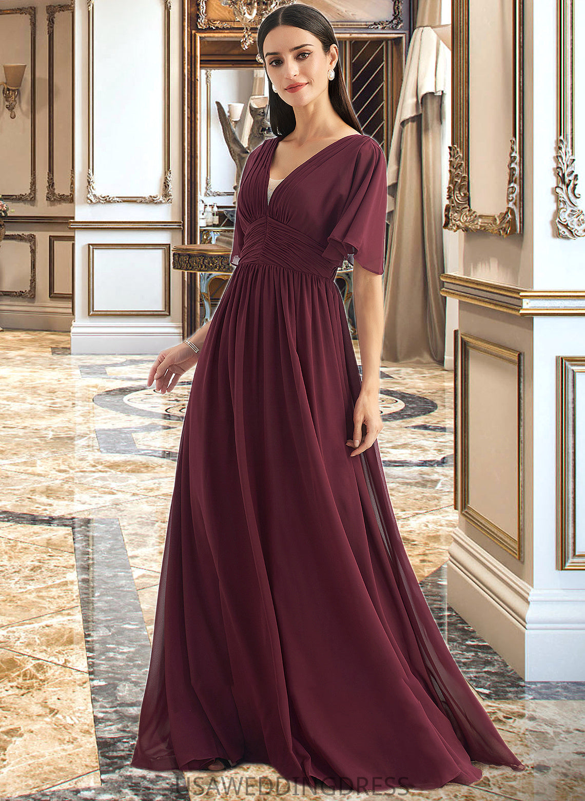 Whitney A-Line V-neck Floor-Length Bridesmaid Dress With Ruffle DSP0013292