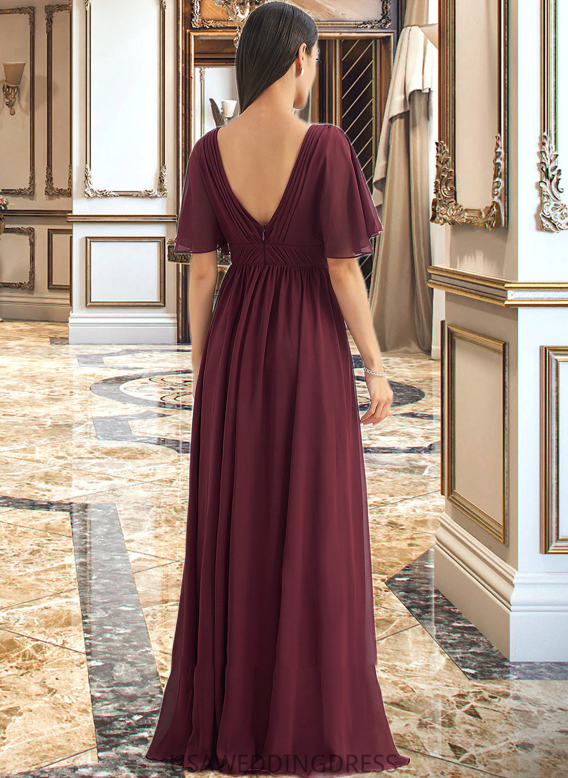 Whitney A-Line V-neck Floor-Length Bridesmaid Dress With Ruffle DSP0013292