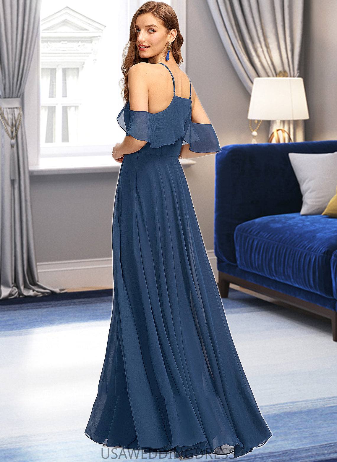 Thalia A-Line Square Neckline Floor-Length Chiffon Bridesmaid Dress DSP0013294