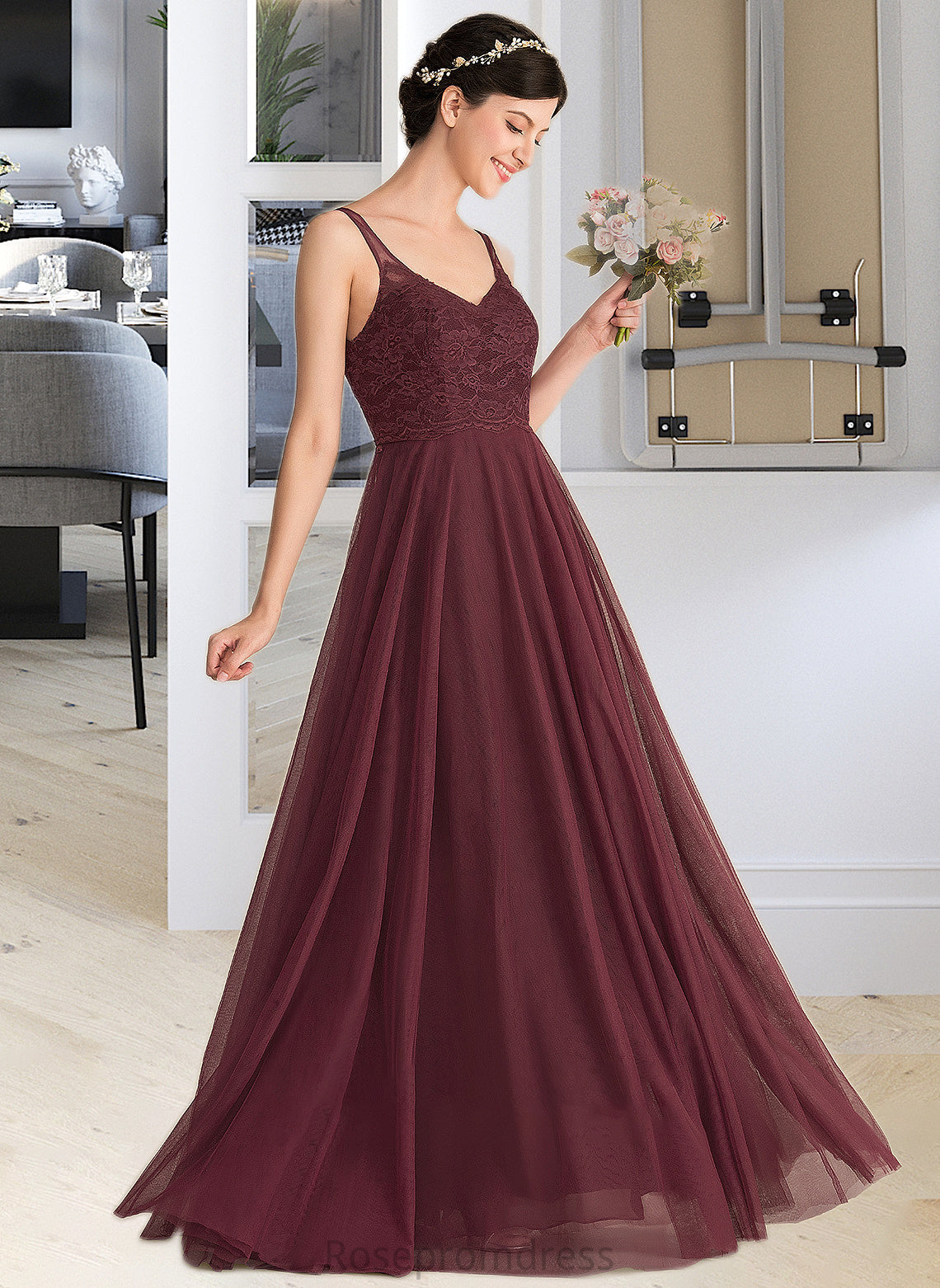 Ellen A-Line/Princess V-neck Floor-Length Tulle Lace Bridesmaid Dress SRSP0013295