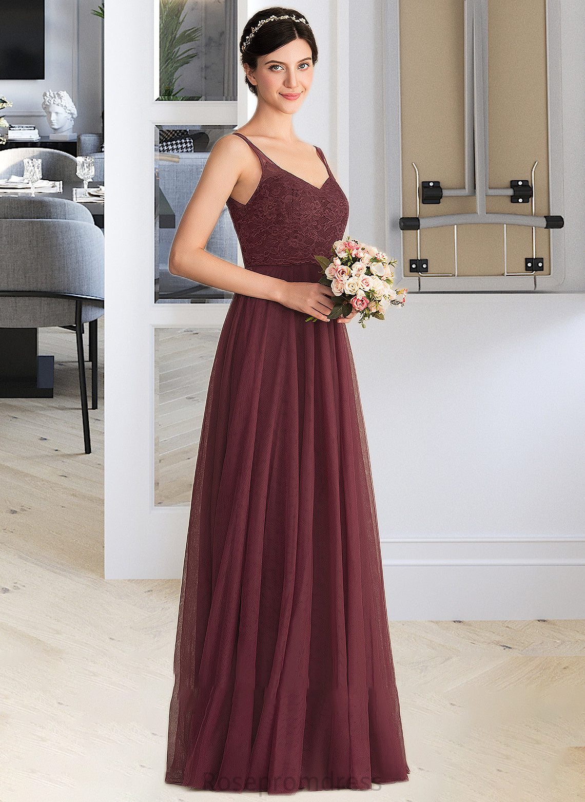Ellen A-Line/Princess V-neck Floor-Length Tulle Lace Bridesmaid Dress SRSP0013295