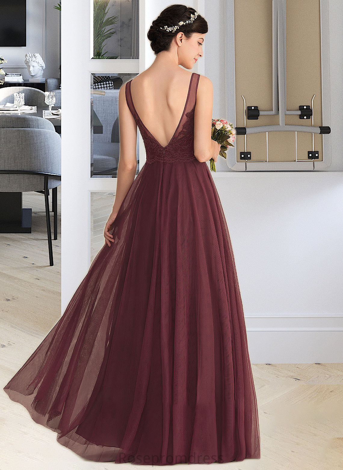 Ellen A-Line/Princess V-neck Floor-Length Tulle Lace Bridesmaid Dress SRSP0013295