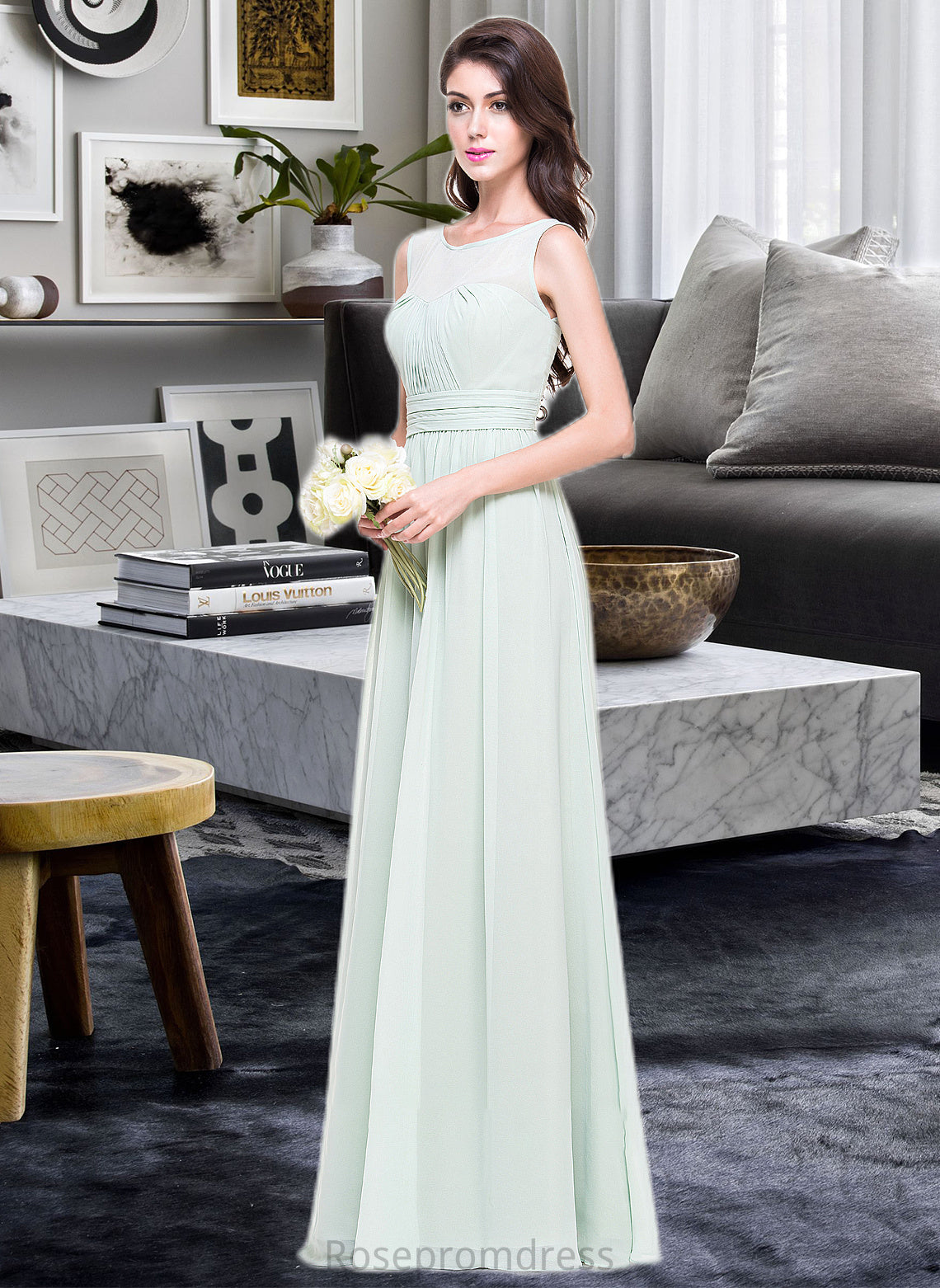 Damaris A-Line Scoop Neck Floor-Length Chiffon Bridesmaid Dress With Ruffle SRSP0013296