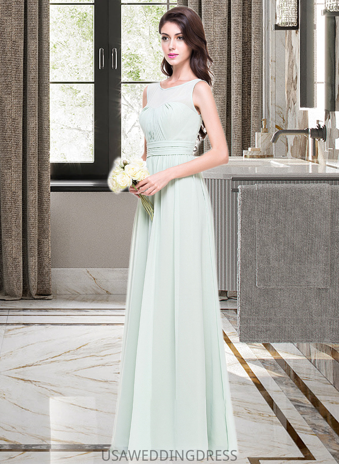 Jamya A-Line Scoop Neck Floor-Length Chiffon Bridesmaid Dress With Ruffle DSP0013296