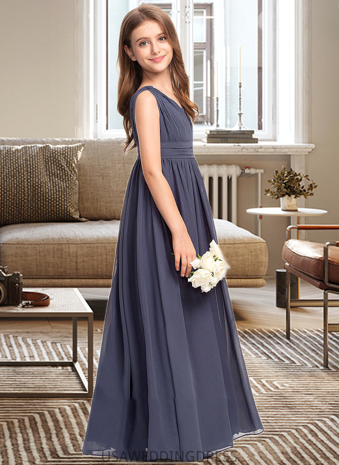Sanai A-Line V-neck Floor-Length Chiffon Junior Bridesmaid Dress With Ruffle DSP0013307