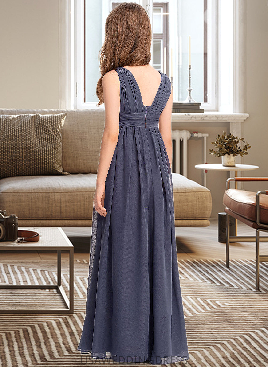 Sanai A-Line V-neck Floor-Length Chiffon Junior Bridesmaid Dress With Ruffle DSP0013307