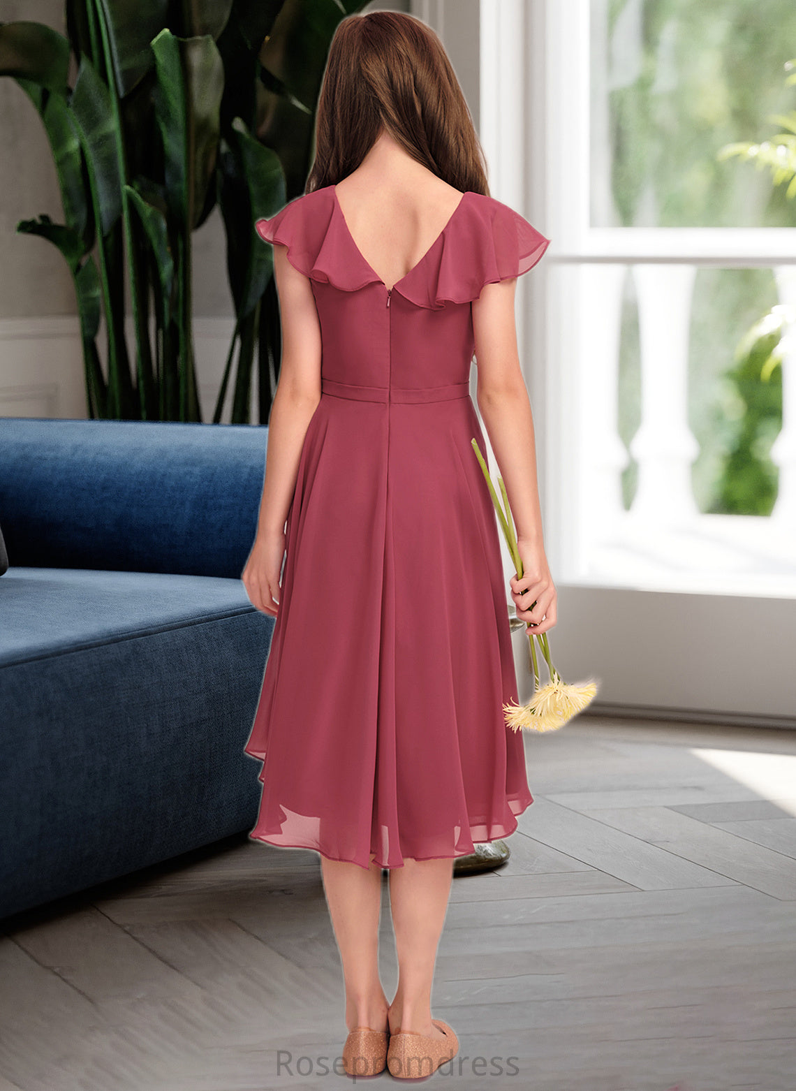 Eleanor A-Line V-neck Asymmetrical Chiffon Junior Bridesmaid Dress With Cascading Ruffles SRSP0013309