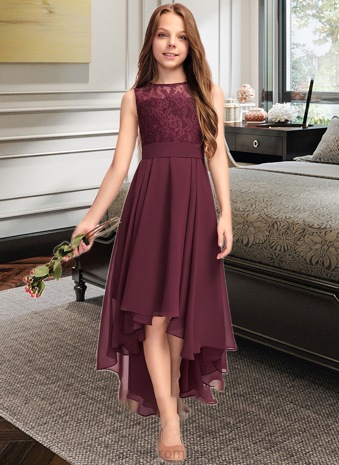 Myah A-Line Scoop Neck Asymmetrical Chiffon Lace Junior Bridesmaid Dress With Bow(s) SRSP0013312
