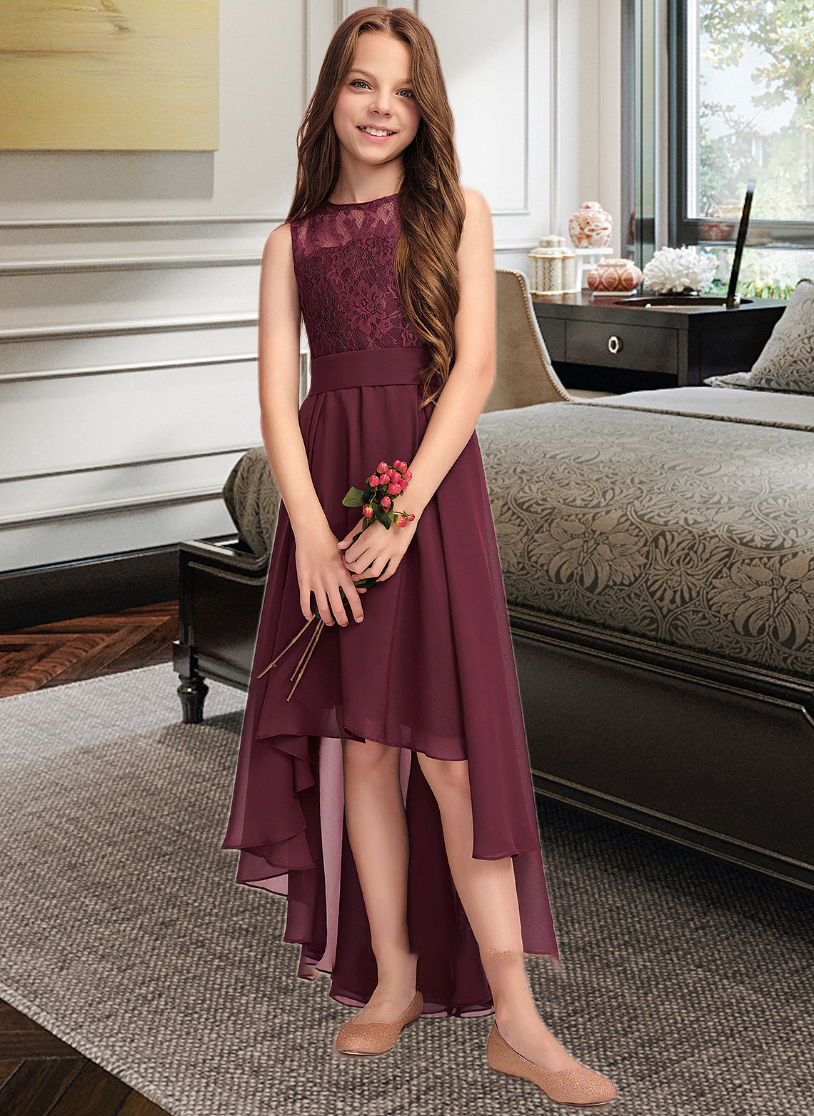 Myah A-Line Scoop Neck Asymmetrical Chiffon Lace Junior Bridesmaid Dress With Bow(s) SRSP0013312