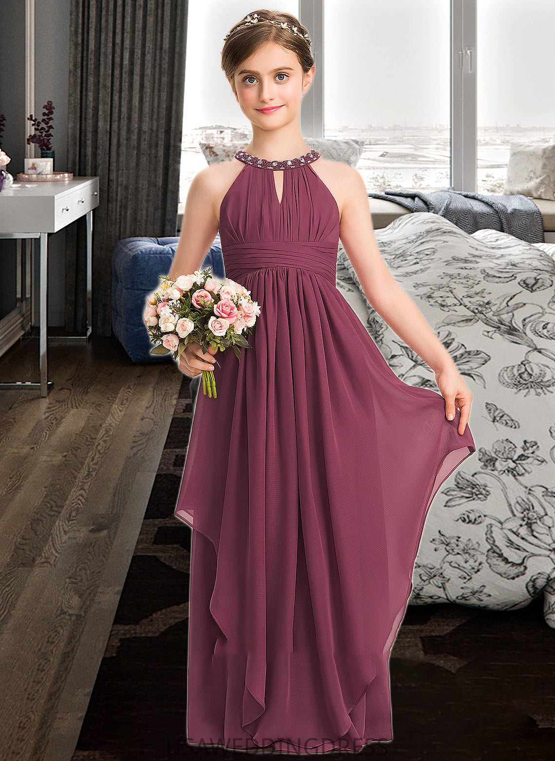 Tamia A-Line Scoop Neck Floor-Length Chiffon Junior Bridesmaid Dress With Ruffle Beading DSP0013313