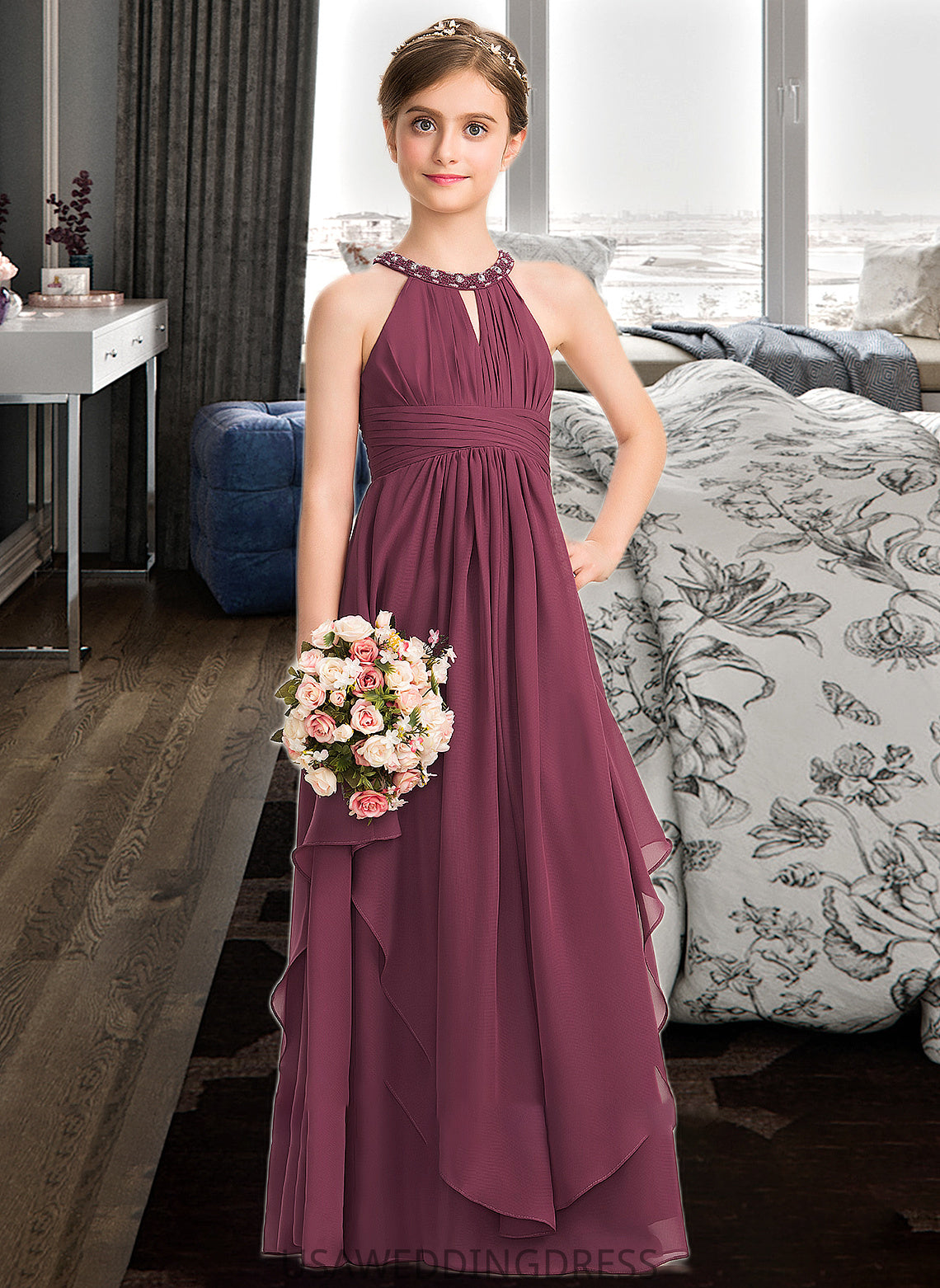Tamia A-Line Scoop Neck Floor-Length Chiffon Junior Bridesmaid Dress With Ruffle Beading DSP0013313