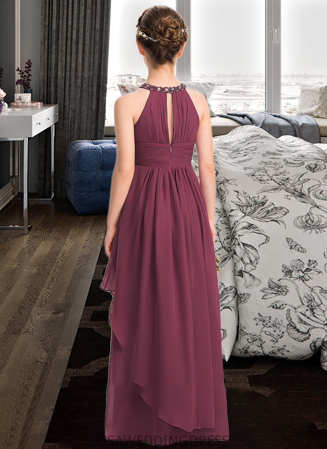 Tamia A-Line Scoop Neck Floor-Length Chiffon Junior Bridesmaid Dress With Ruffle Beading DSP0013313
