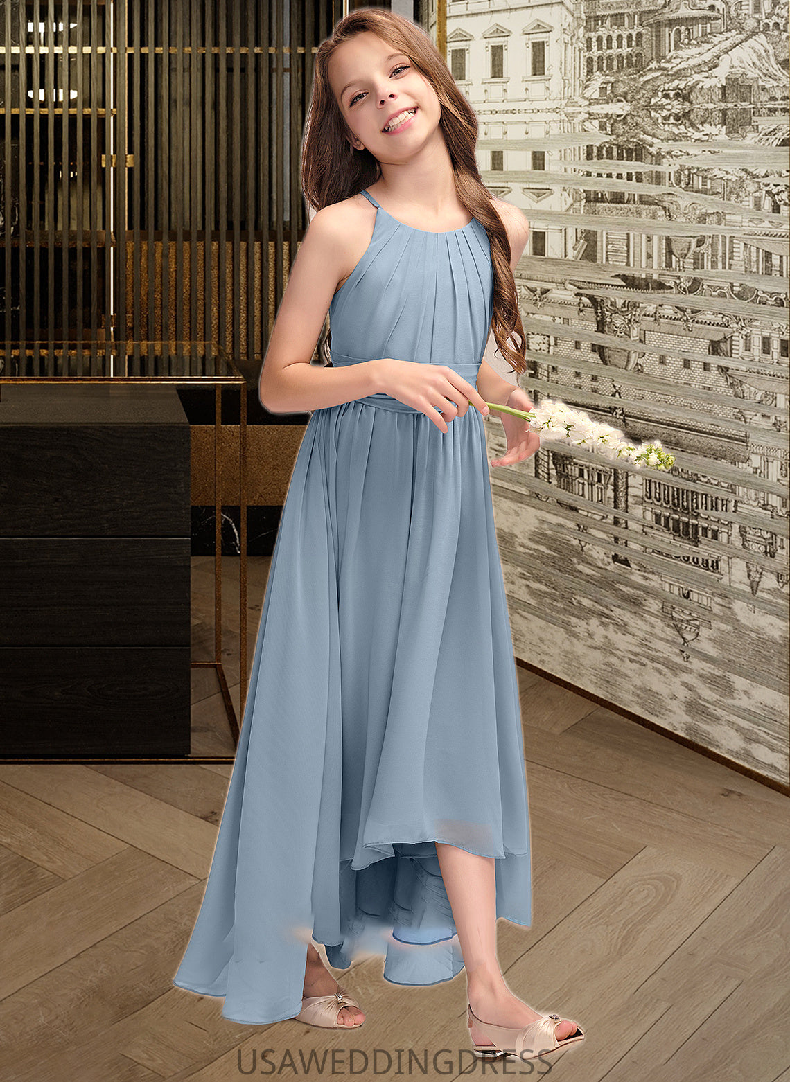 Lilyana A-Line Scoop Neck Asymmetrical Chiffon Junior Bridesmaid Dress With Ruffle Bow(s) DSP0013314