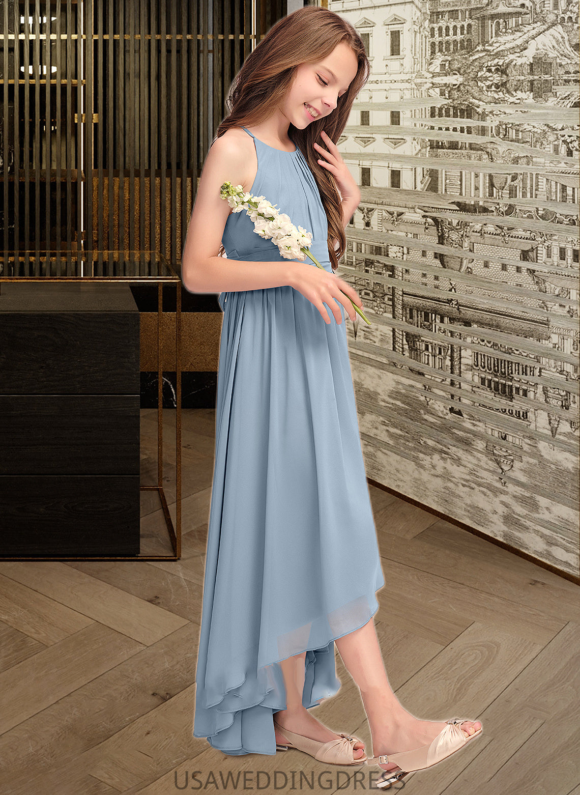 Lilyana A-Line Scoop Neck Asymmetrical Chiffon Junior Bridesmaid Dress With Ruffle Bow(s) DSP0013314