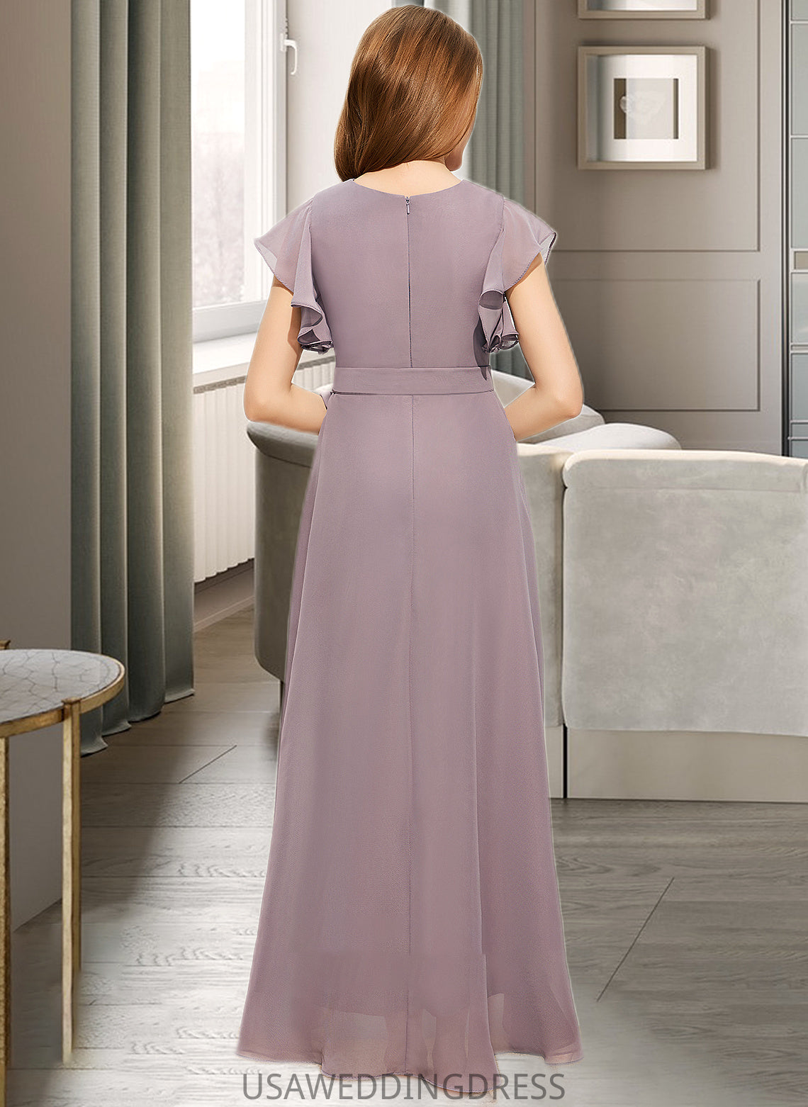 Kiera A-Line V-neck Asymmetrical Chiffon Junior Bridesmaid Dress With Ruffle Bow(s) DSP0013315