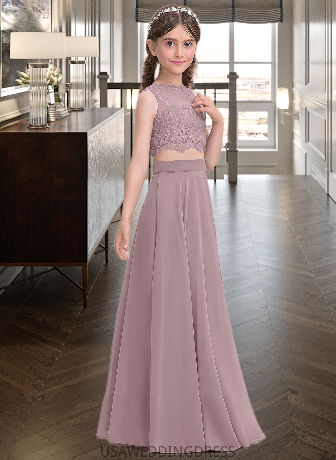 Nancy A-Line Scoop Neck Floor-Length Chiffon Junior Bridesmaid Dress DSP0013316